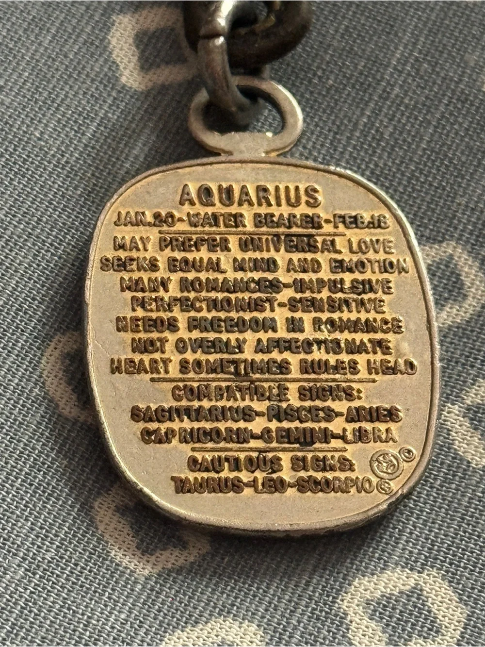 Vintage 70’s Aquarius Zodiac Enamel Keychain Green & Gold Astrological Key Ring
